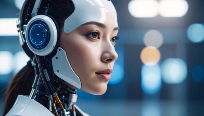 Close-up portrait of a female cyborg, gazing pensively. Her face is human, but she wears a robotic headpiece with intricate details