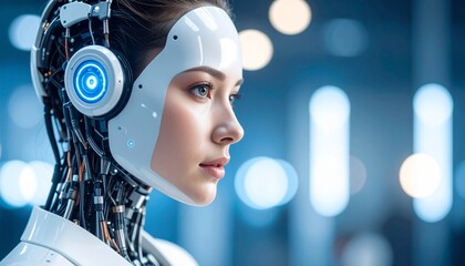 A futuristic robot portrait with a stunning woman face, and glowing robotic parts around her face. The combination of technology and beauty creates an intriguing visual