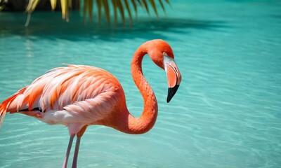 Elegant flamingo wading in crystal-clear turquoise water paradise