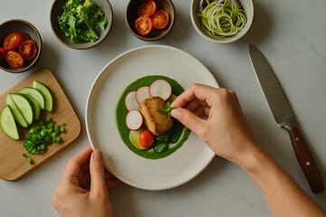 elegant top-down food plating scene with chef’s hands, professional food plating in natural lighting with clean styling, Artful plating of fresh vegetables and proteins.