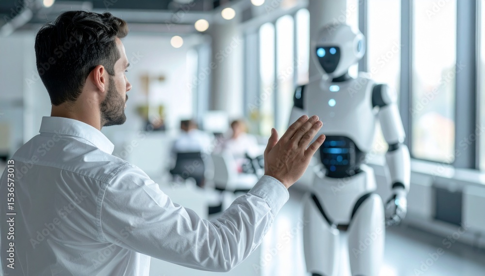 Poster a man interacting with a humanoid robot in a modern office setting. the scene suggests collaboration