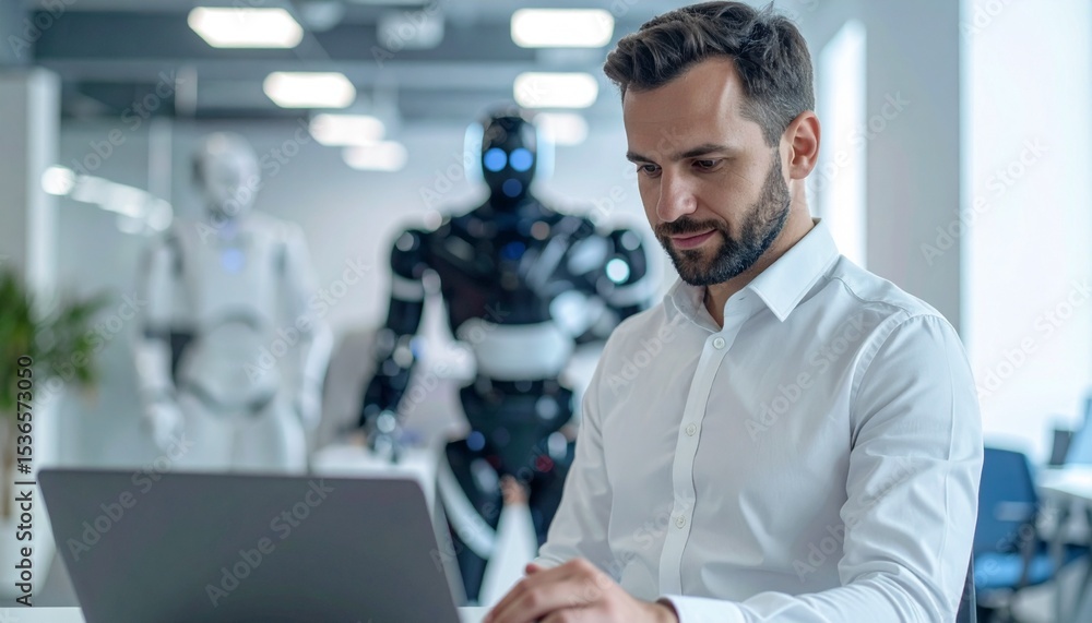 Poster an office worker focused on his laptop while two robots are in the background. the scene captures a 