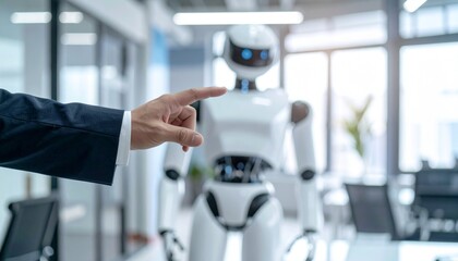 Fototapeta premium A businessman points at a humanoid robot in a modern office. The focus is on the interaction between human and artificial intelligence.
