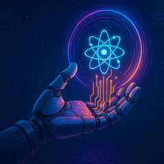 Robotic Hand Holding Glowing Quantum Symbol