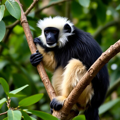Obraz premium The lar gibbon (Hylobates lar), also known as the white-handed gibbon, is an endangered primate in the gibbon family