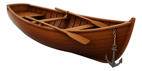 Wooden rowing boat with two oars and an anchor on transparent background.