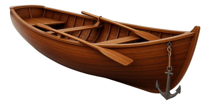 Wooden rowing boat with two oars and an anchor on transparent background. - Powered by Adobe