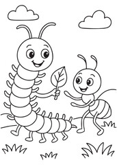 Coloring book centipede happily presenting a leaf to an excited ant friend