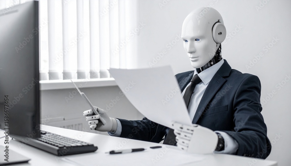 Poster an attentive humanoid robot in a suit carefully reviewing documents at an office desk. the robot is 