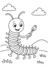 Coloring book centipede holding a paintbrush, ready to create some art outdoors