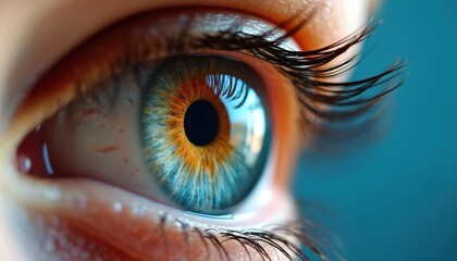 Detailed close-up of human eye with blue, gold, brown iris. Intricate texture, pupil, eyelashes visible. Medical, science theme, perfect for healthcare, biology content. High-resolution image,