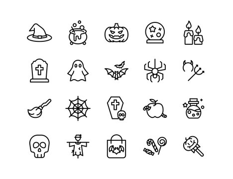 Halloween Vector Icon Set | Adjustable Line Weight | Pumpkin, witch hat, ghost, skull, bat, spider, potion, candy, tombstone, broomstick, lantern, grave, haunted, spooky, costume icons
