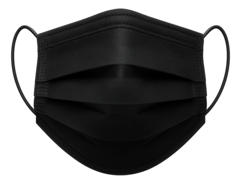 Black disposable face mask with ear loops on transparent background.