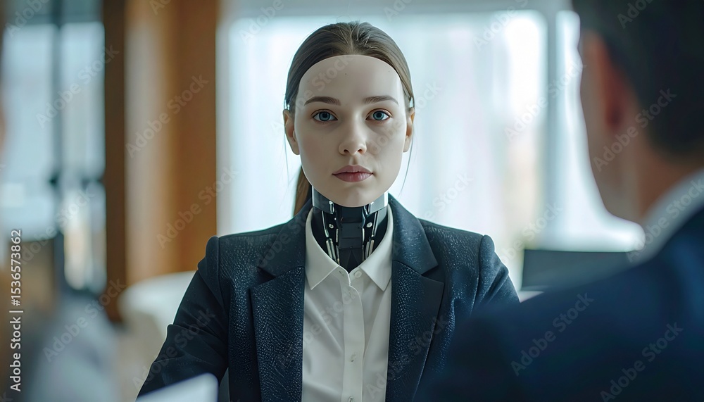 Poster a robot human hybrid in an interview facing an interviewer. it presents an image of a new age of int