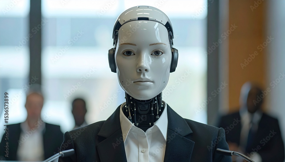 Poster a realistic robot wearing a suit sitting and looking in front of a camera
