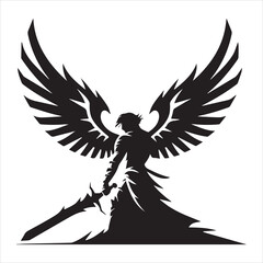 Obraz premium Winged Warrior Angel Silhouette with Sword Vector Icon