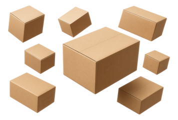 Various sizes of brown cardboard boxes arranged randomly on transparent background.