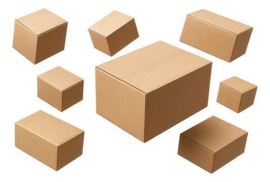 Fototapeta Various sizes of brown cardboard boxes arranged randomly on transparent background.