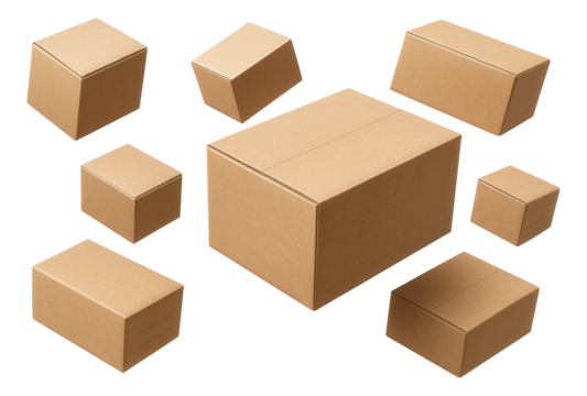 Various sizes of brown cardboard boxes arranged randomly on transparent background.