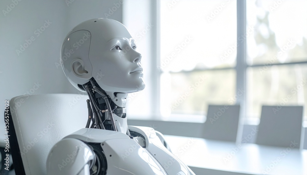 Poster an artificial intelligence robot looking towards the window. it is a modern and futuristic concept.