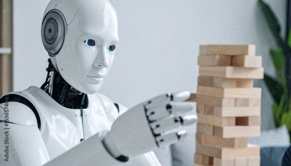 Poster a futuristic robot skillfully playing a game of jenga with a concentrated expression, with its preci