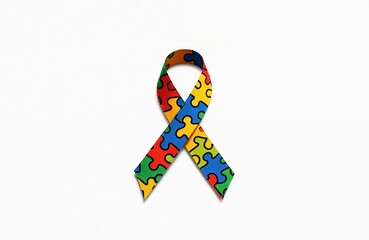 Colorful puzzle ribbon isolated on white background. Autism awareness symbol. World Autism Awareness Day concept. Support for autistic children people with neurological disorders.