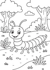Coloring book centipede happily crawling through a sunny forest path