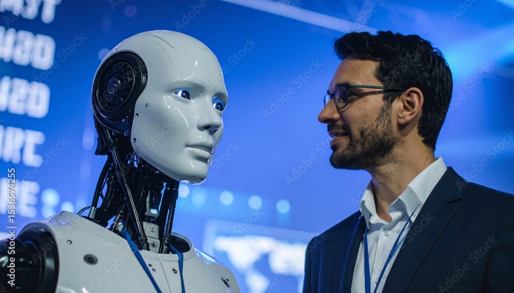 Poster an engineer and a humanoid robot are looking at each other. it is a close-up shot, which makes the v