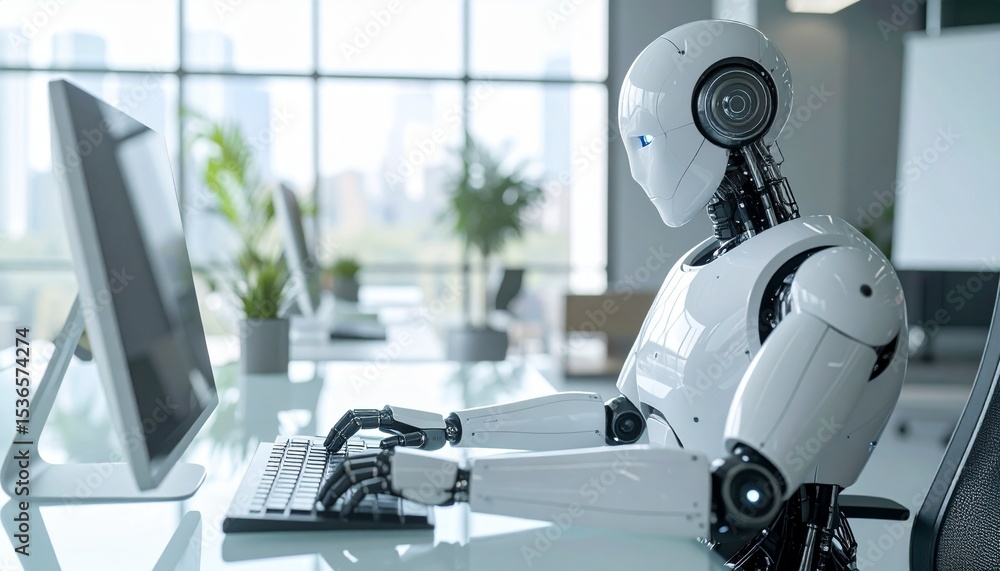Poster a robot works on a desktop computer in a modern office environment. it's focused on its task, a symb