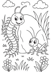 Coloring book centipede and grasshopper friends smiling together next to a big rock