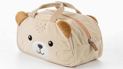 Close-up of a toddler’s mini travel bag shaped like a cute bear, with soft fabric texture and cute face details, on white background