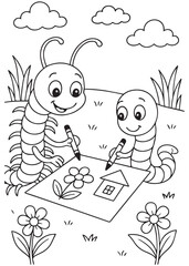 Coloring book centipede and a little bug friend happily drawing a flower and house together