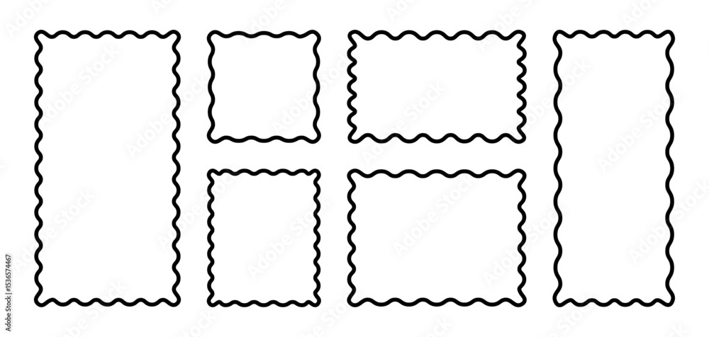 Poster black wavy border set. outlined rectangular and square frames with corrugated edges on white backgro