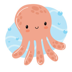 A cute cartoon octopus with a smiling face and light pink color. It has eight arms and is surrounded by blue water bubbles.