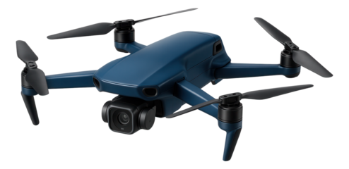 Modern quadcopter drone with a camera and sleek design, featuring four propellers and a blue body, on transparent background.