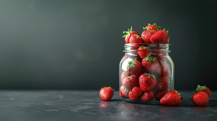 Clear glass jar filled with fresh red strawberries on a clean background in a minimalist style.