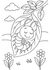 Coloring book centipede sleeping soundly on a large leaf hanging from a branch