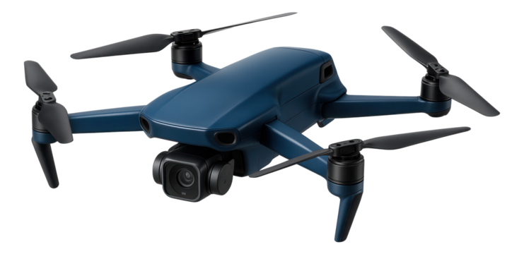 Modern quadcopter drone with a camera and sleek design, featuring four propellers and a blue body, on transparent background.