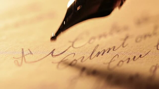 Vintage fountain pen writing on aged parchment paper