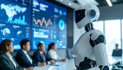 A futuristic AI robot in a business meeting, analyzing complex data. The robot stands in front of a group of professionals, the displays filled with data visualizations