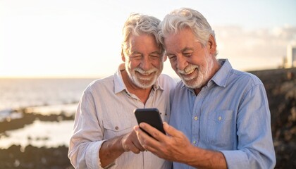 Elderly Men Exploring Technology. Laughing and looking at mobile phone together