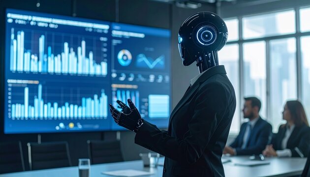 A futuristic robot analyzing data during a business meeting