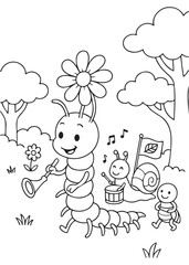 Coloring book centipede leading a lively insect band (snail drummer, centipede flag bearer) A joyful nature parade