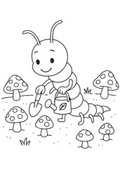 Coloring book centipede gardening with a shovel and watering can among cute mushrooms