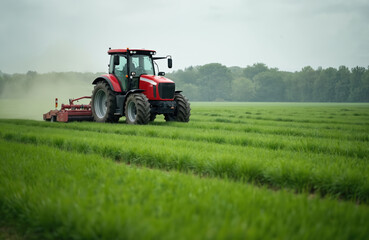 Obraz premium Red tractor mows green grass field, countryside landscape. Agricultural machine working during harvest. Mowing equipment for forage, hay production, crop cultivation. Rural scene demonstrates farming