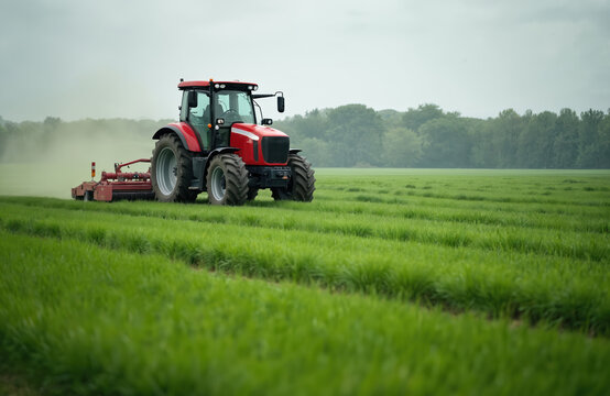 Red tractor mows green grass field, countryside landscape. Agricultural machine working during harvest. Mowing equipment for forage, hay production, crop cultivation. Rural scene demonstrates farming