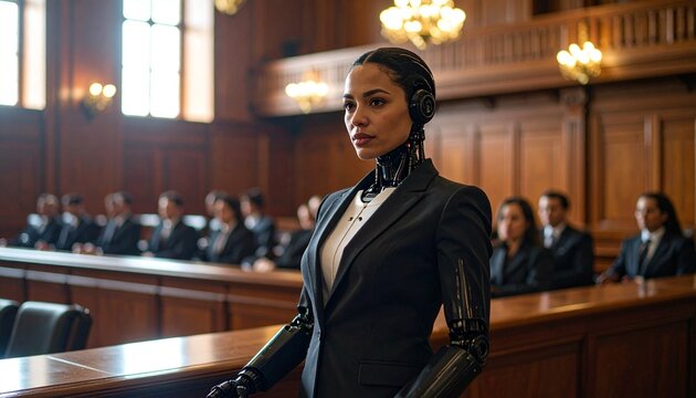 A captivating shot showcasing an AI-powered humanoid robot within a courtroom setting, dressed in a formal business suit, capturing a scene of technology and law intertwining - Powered by Adobe