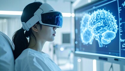 A woman experiencing virtual reality and looking at the brain imaging screen 