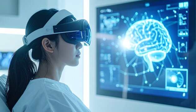 A woman using virtual reality glasses to visualize brain activity, with a holographic brain projection in the background