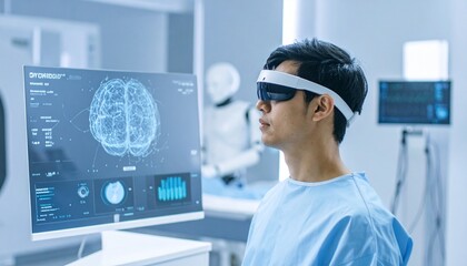 A man is wearing a sensor device while examining brain scan information on a monitor. A robot is in the blurred background